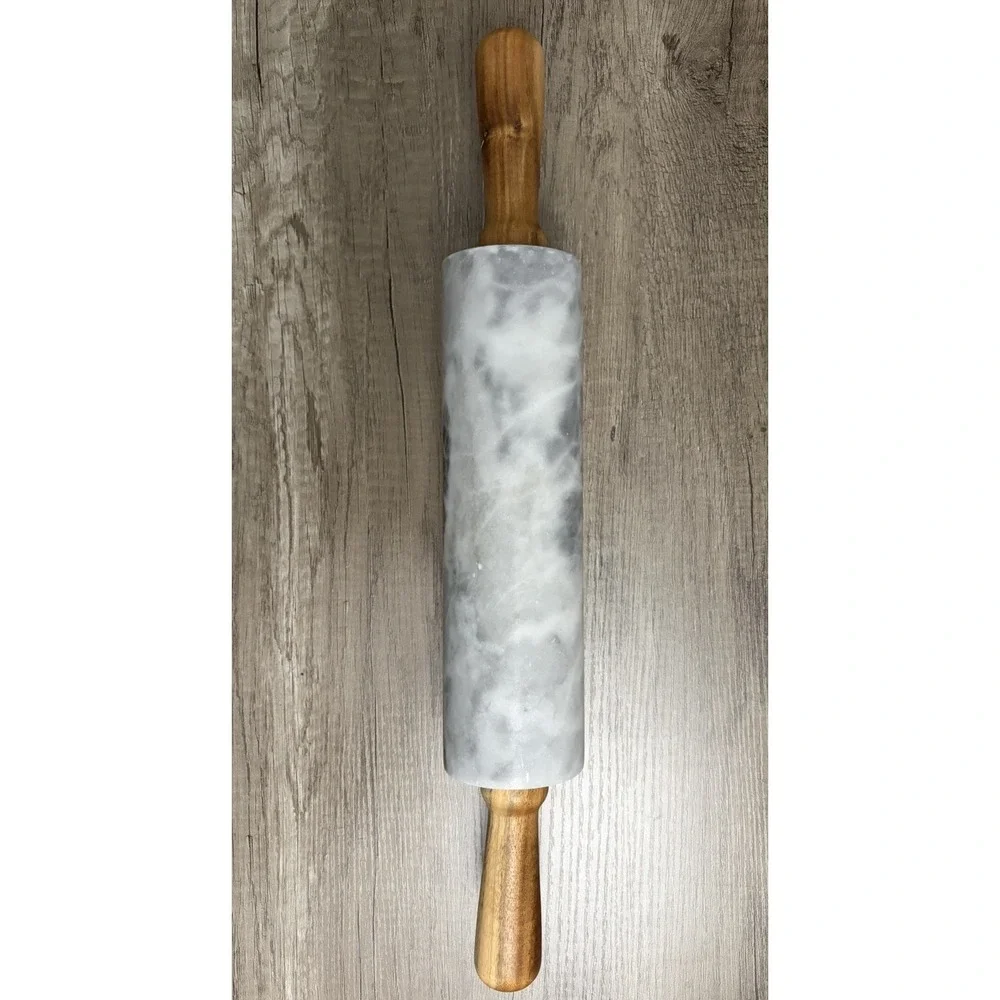 Marble Stone Rolling‎ PIN with Wood Cradle Stand Gray Kitchen Vintage Stone